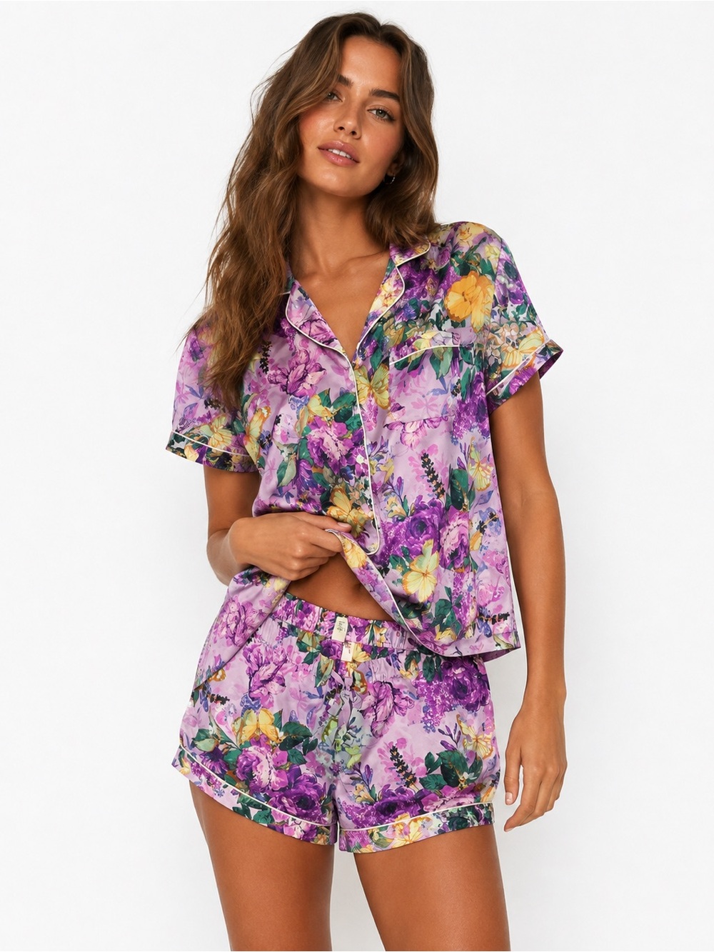 Victoria Secret Floral Satin Short Pajama Set - Purple